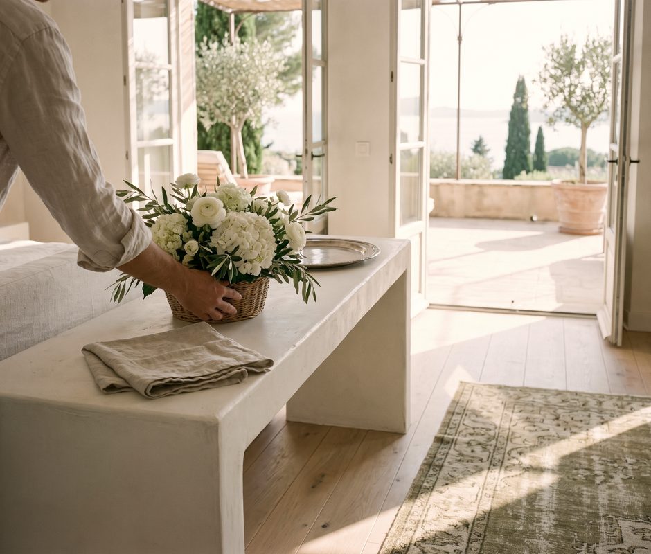 Fleurs disposées sur une console, portes ouvertes sur la terrasse
