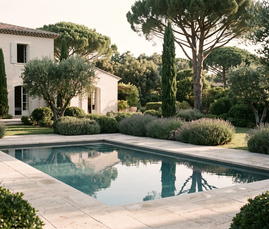 Jardin et piscine d’une propriété privée à la lumière du matin