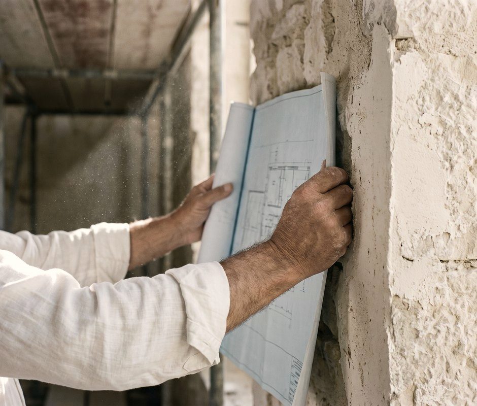 Des plans tenus contre le mur qu’ils décrivent, sur le chantier